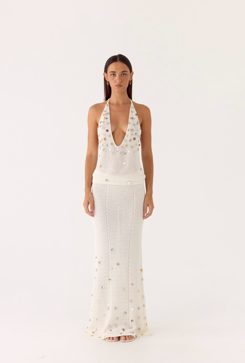 Adelaida Beaded Crochet Maxi Skirt - Ivory