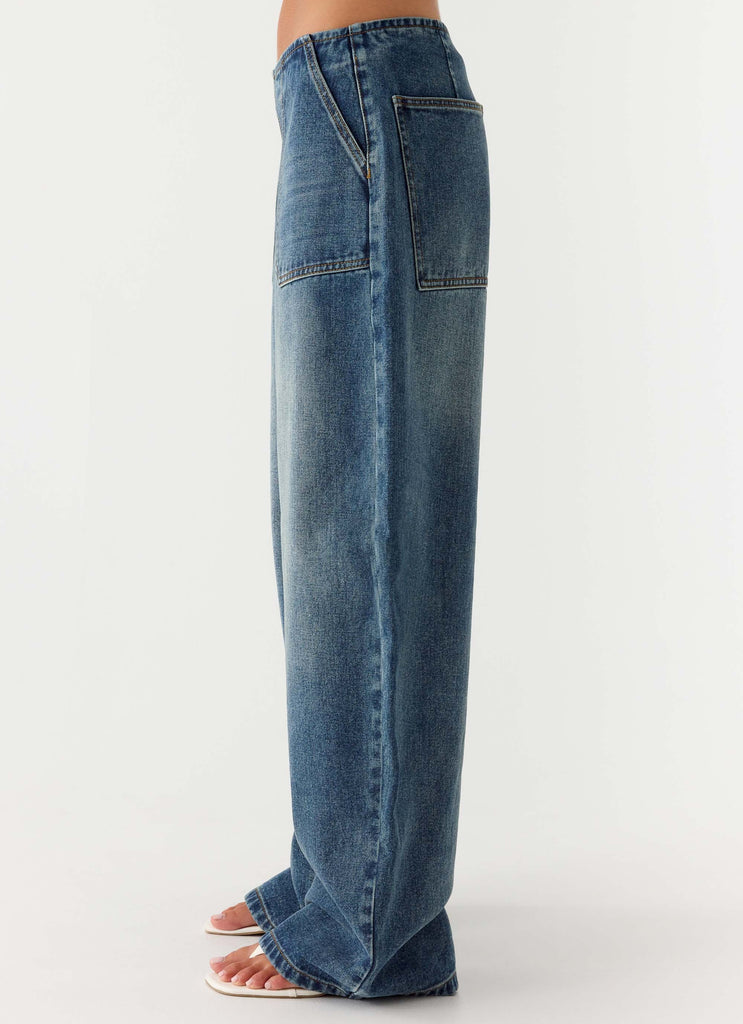 Seethal Low Rise Washed Denim Jeans - Mid Wash Blue