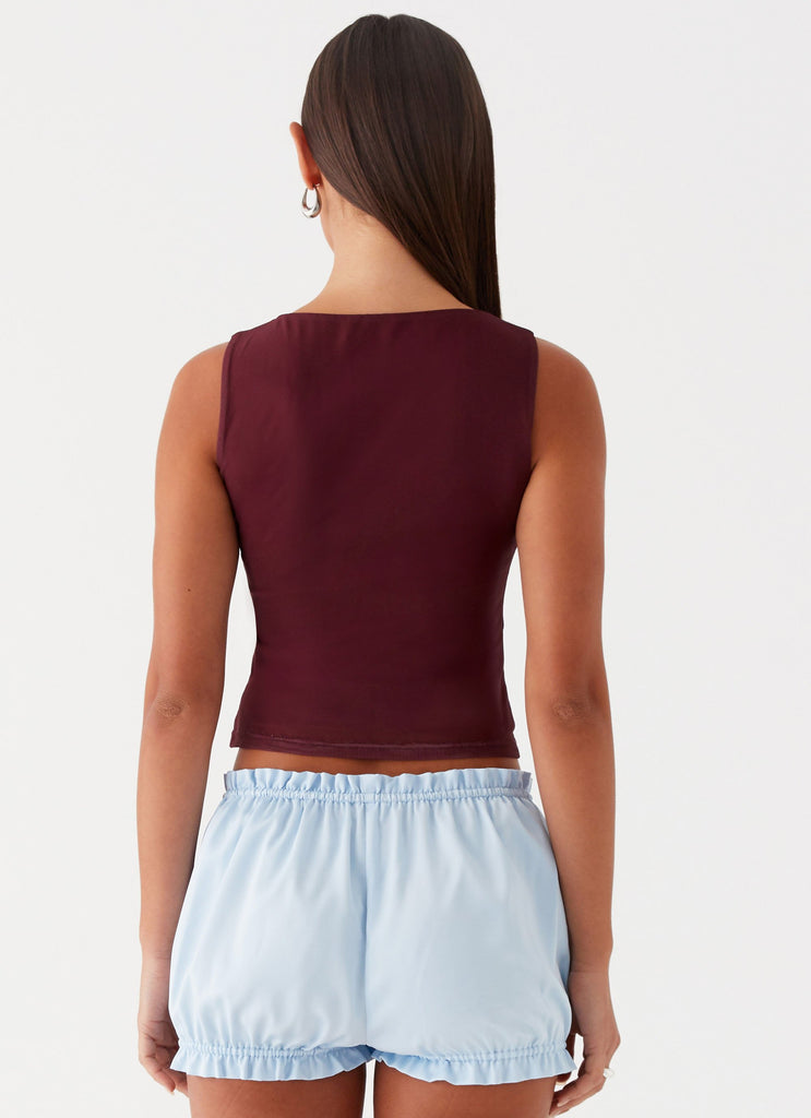 Womens Speak Now Mesh Top in the colour Brown in front of a light grey background