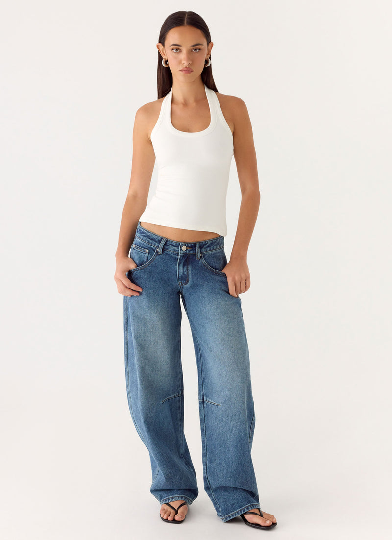 Stevie Low Rise Barrel Leg Jeans - Mid Wash Blue