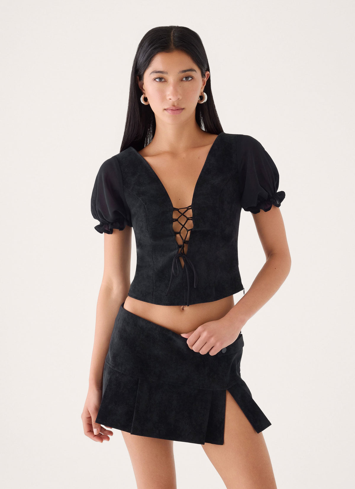 Sweet And Salty Faux Suede Corset Tie Top - Black