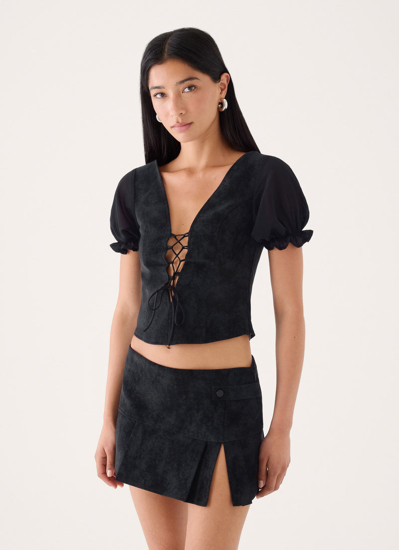 Sweet And Salty Faux Suede Corset Tie Top - Black