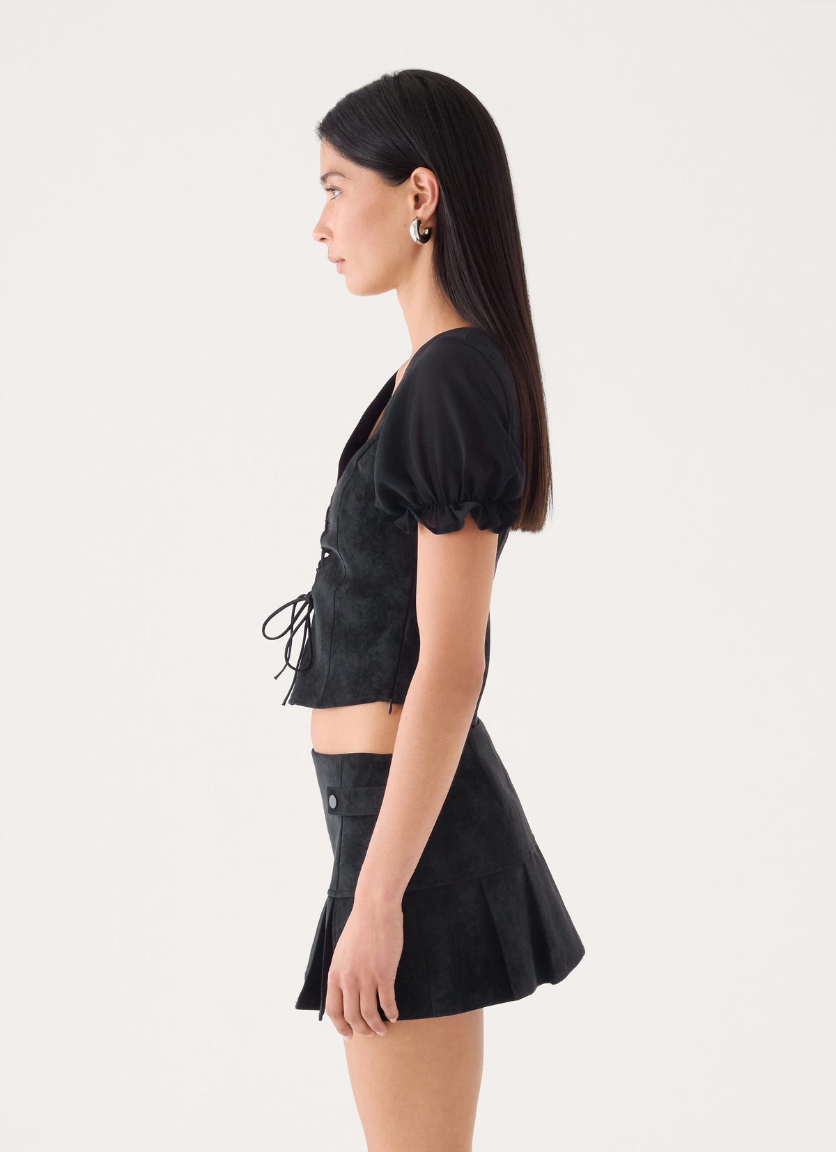Sweet And Salty Faux Suede Corset Tie Top - Black