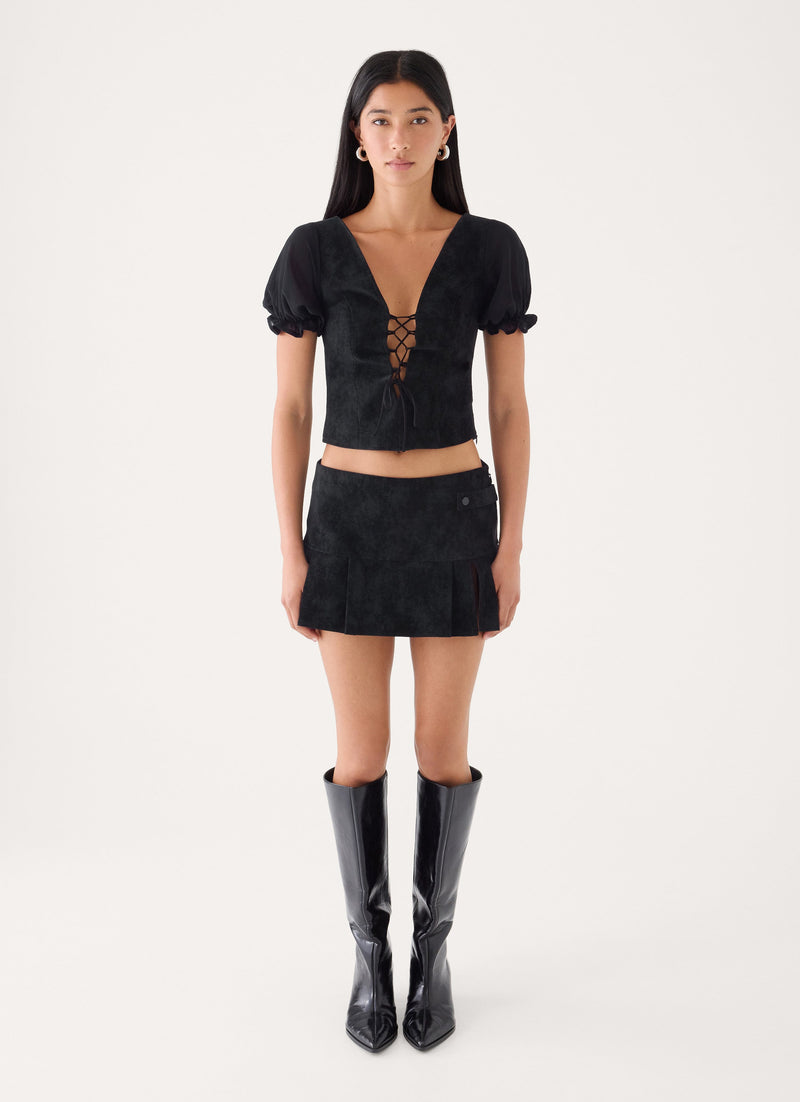 Sweet And Salty Faux Suede Corset Tie Top - Black