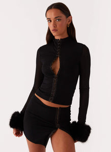 Tayanna Fur Trim Long Sleeve Top - Black