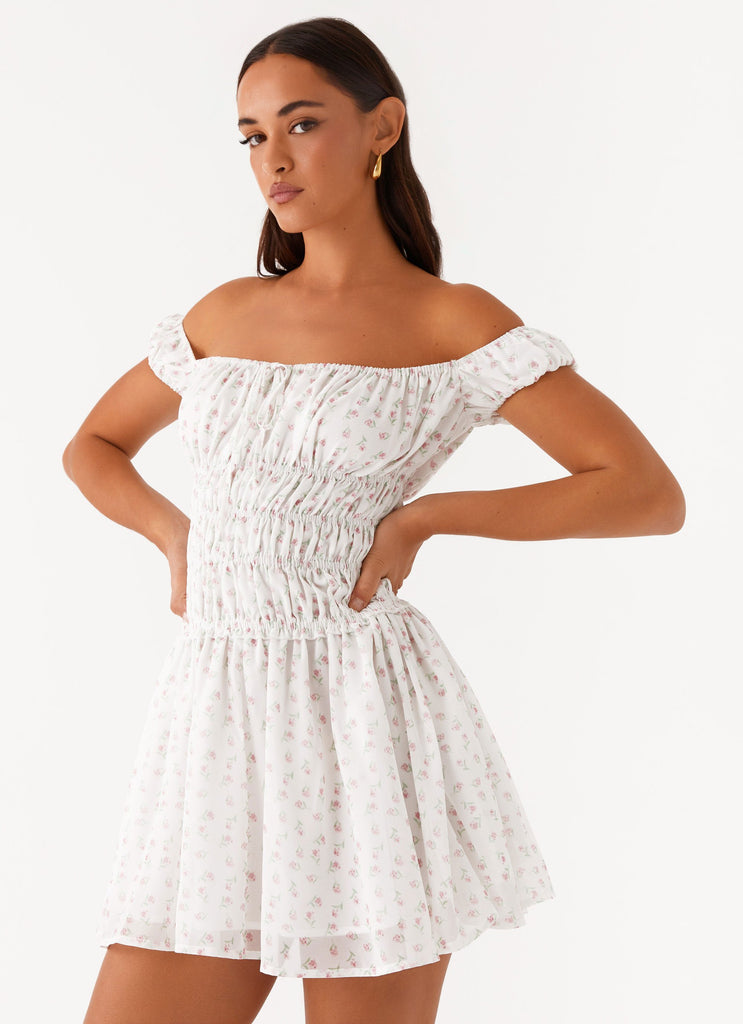 Total Bliss Shirred Mini Dress White Floral