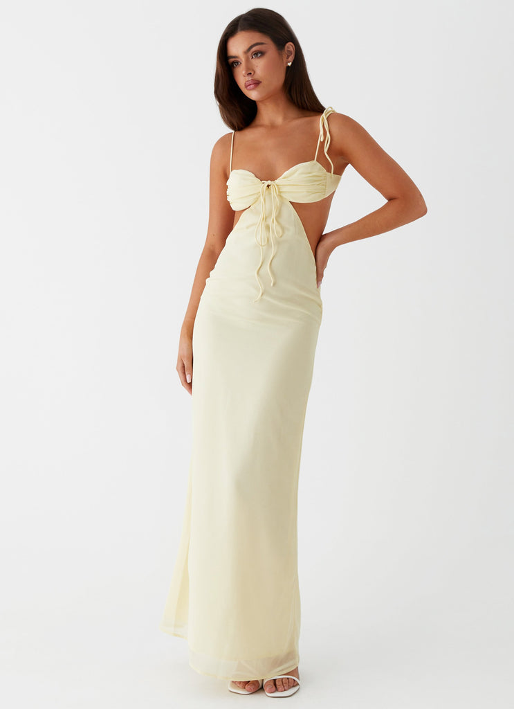 Womens Tyra Ruched Maxi Dress in the colour Yellow in front of a light grey background