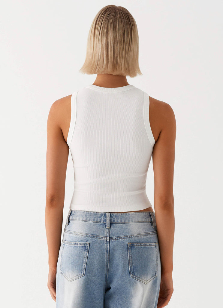 Womens Veda Tank Top in the colour White in front of a light grey background