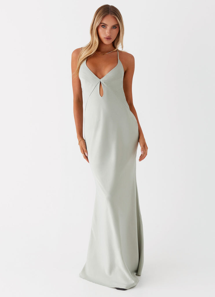 Womens Vesper Keyhole Maxi Dress in the colour Sage in front of a light grey background