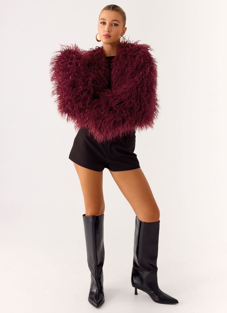 Virginia Cropped Faux Fur Jacket - Maroon