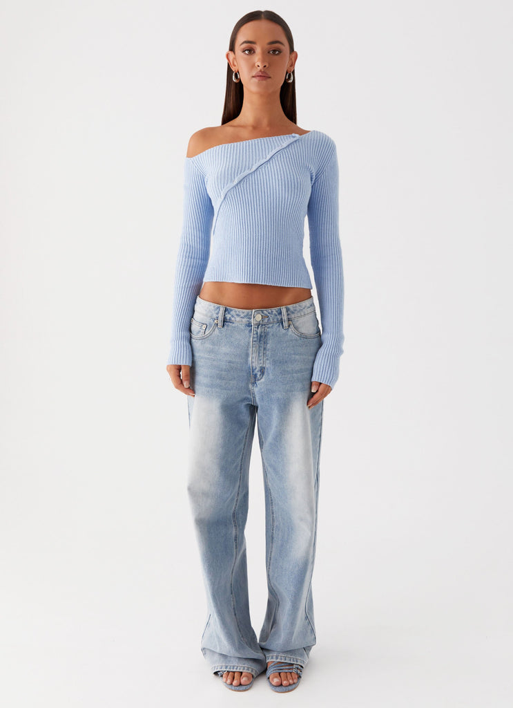 Womens Waverly Knit Top in the colour Sky Blue in front of a light grey background