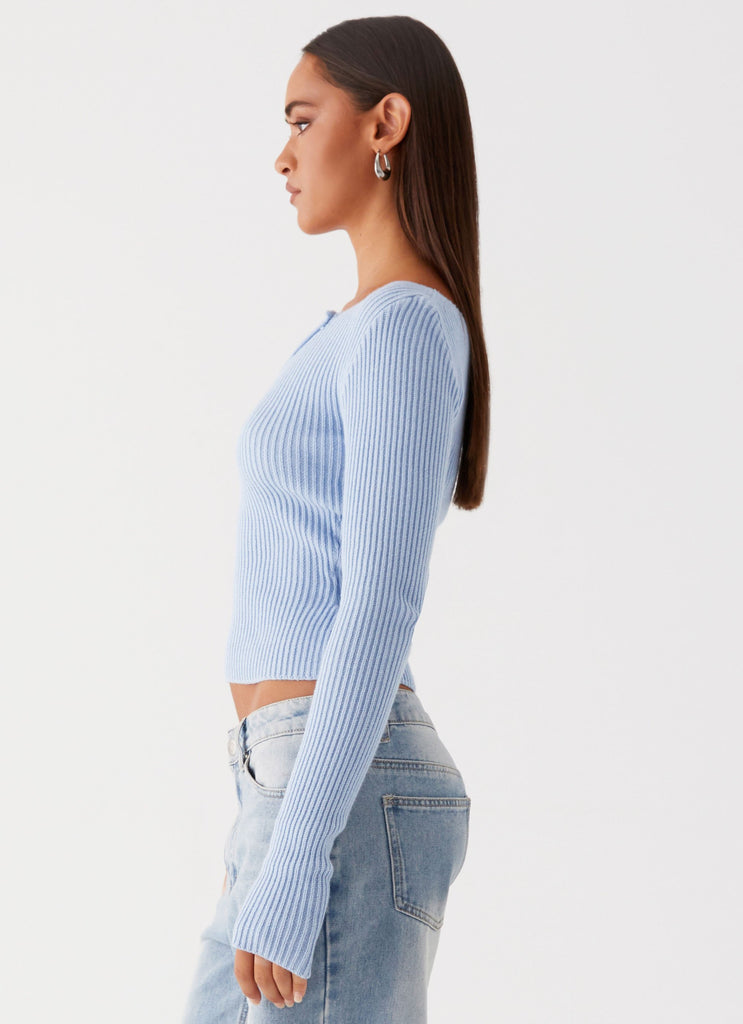 Womens Waverly Knit Top in the colour Sky Blue in front of a light grey background