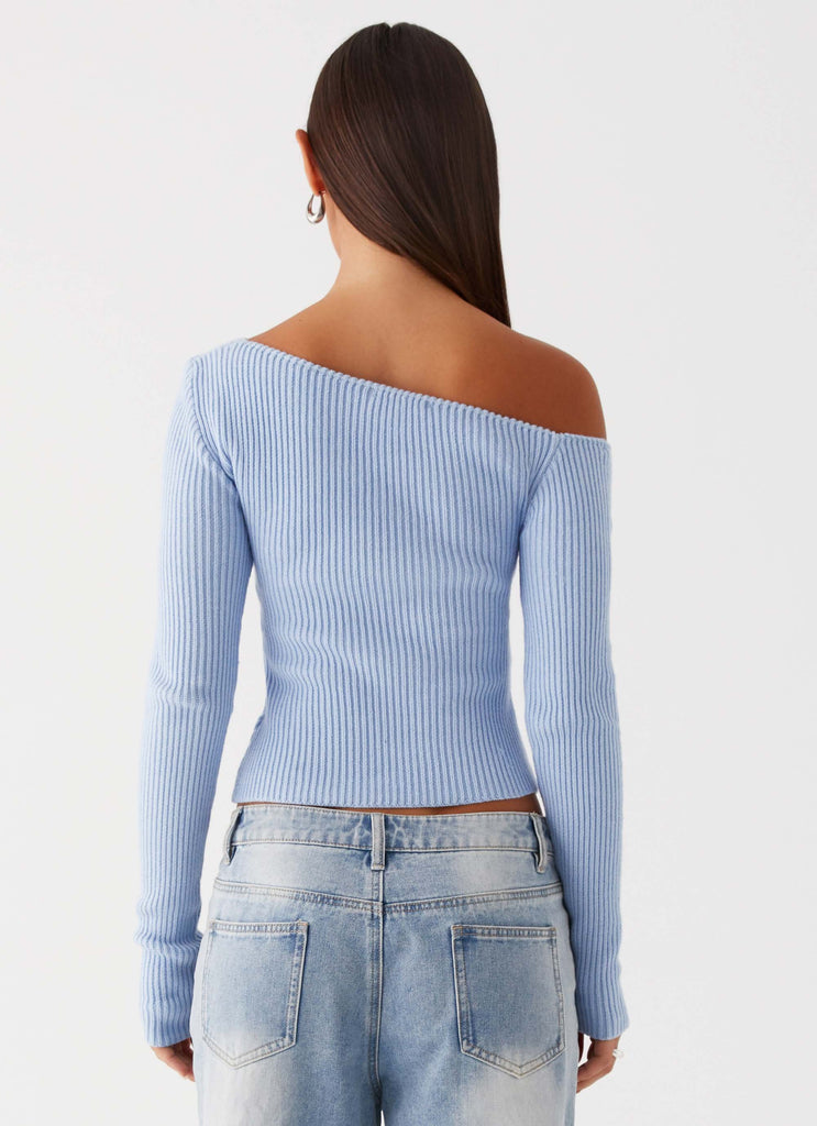 Womens Waverly Knit Top in the colour Sky Blue in front of a light grey background