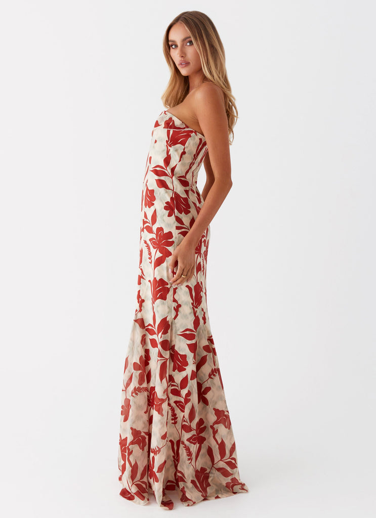Womens Willa Maxi Dress in the colour Red Green Floral in front of a light grey background