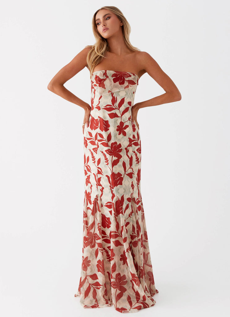 Womens Willa Maxi Dress in the colour Red Green Floral in front of a light grey background