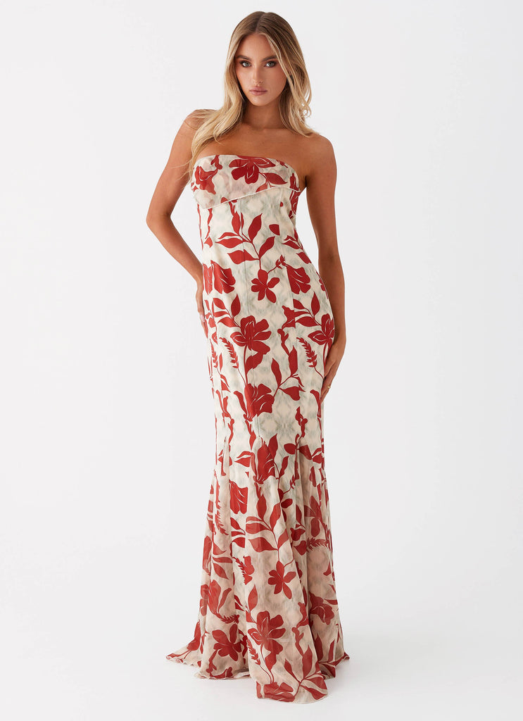 Womens Willa Maxi Dress in the colour Red Green Floral in front of a light grey background