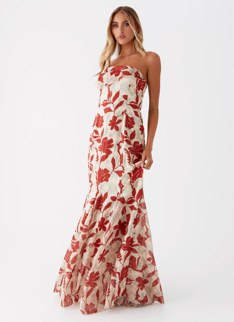 Womens Willa Maxi Dress in the colour Red Green Floral in front of a light grey background