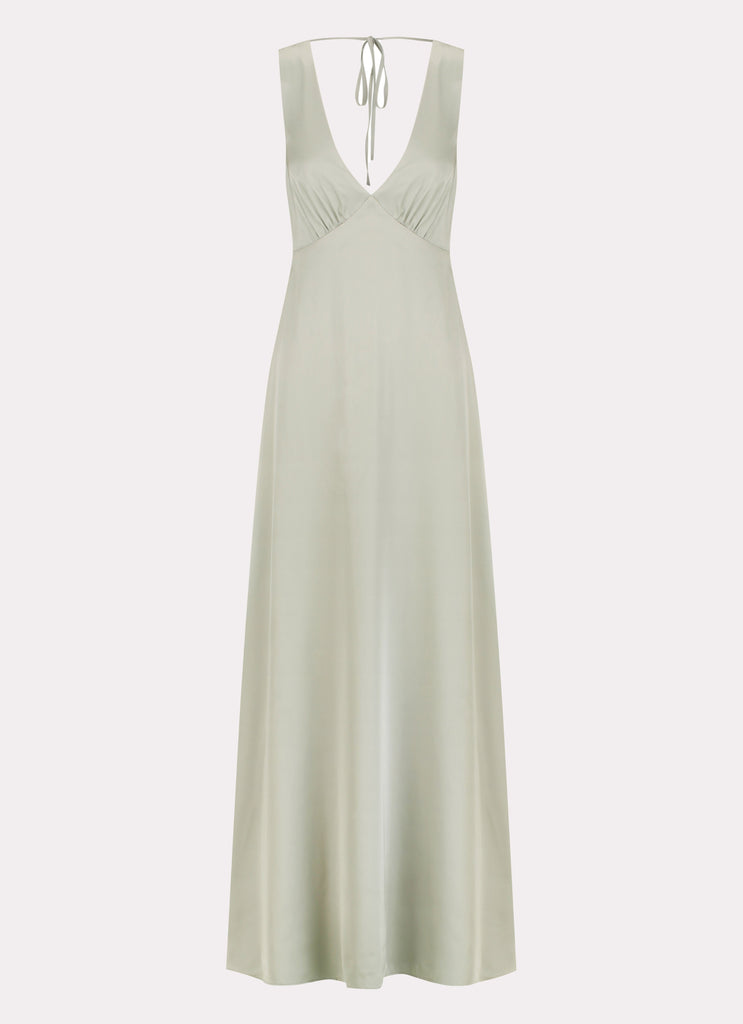 Womens Winnie Cowl Back Maxi Dress in the colour Sage in front of a light grey background