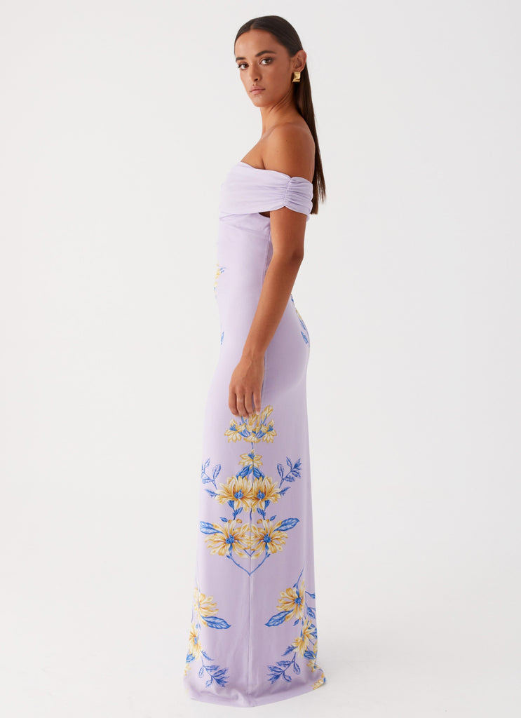 Womens Yvonne Maxi Dress in the colour Lavender in front of a light grey background