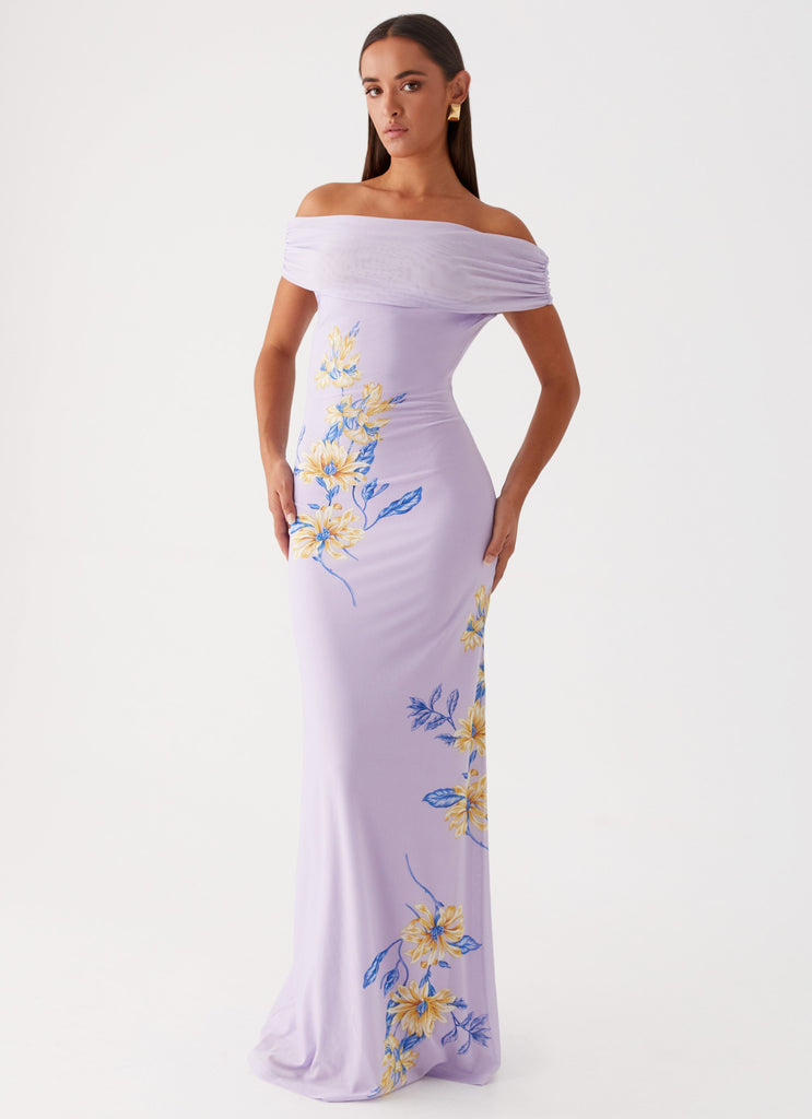 Womens Yvonne Maxi Dress in the colour Lavender in front of a light grey background