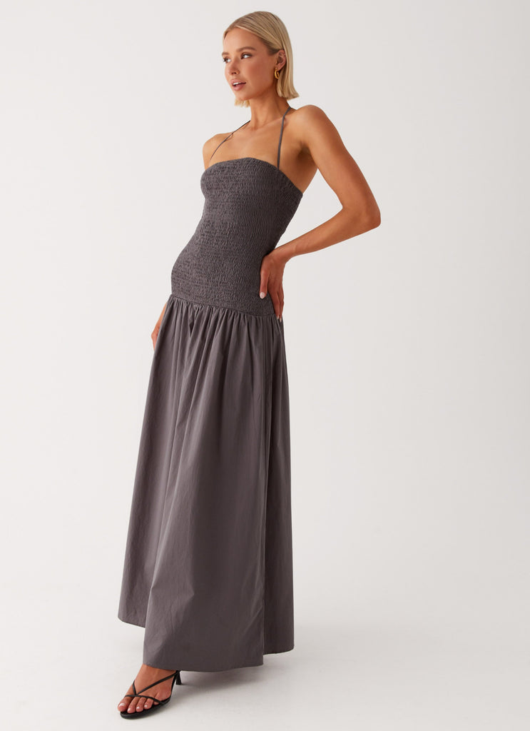 Womens Zahra Maxi Dress in the colour Charcoal in front of a light grey background