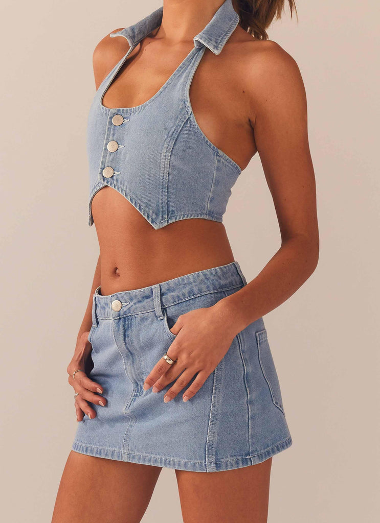 Giddy Up Denim Mini Skirt - Subdued Blue - Peppermayo