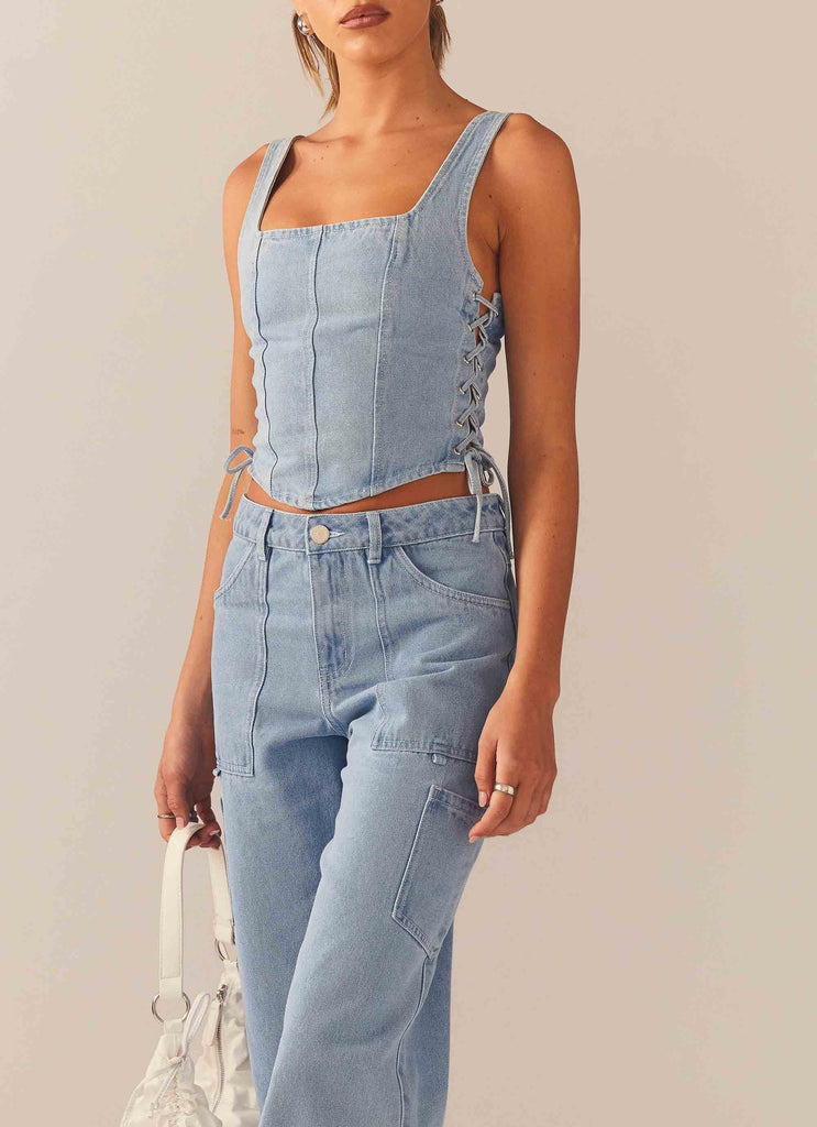 Giddy Up Denim Bustier Top - Subdued Blue - Peppermayo